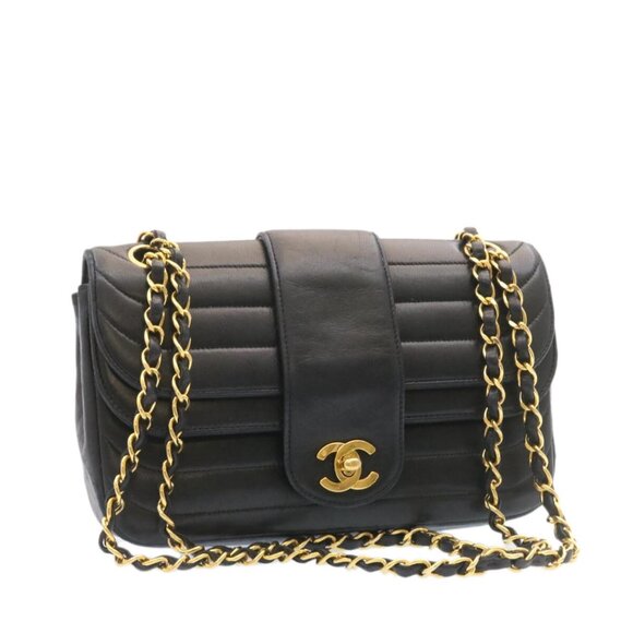 CHANEL Lamb Skin Double Flap Chain Shoulder Bag Black CC Auth - Picture 2 of 15